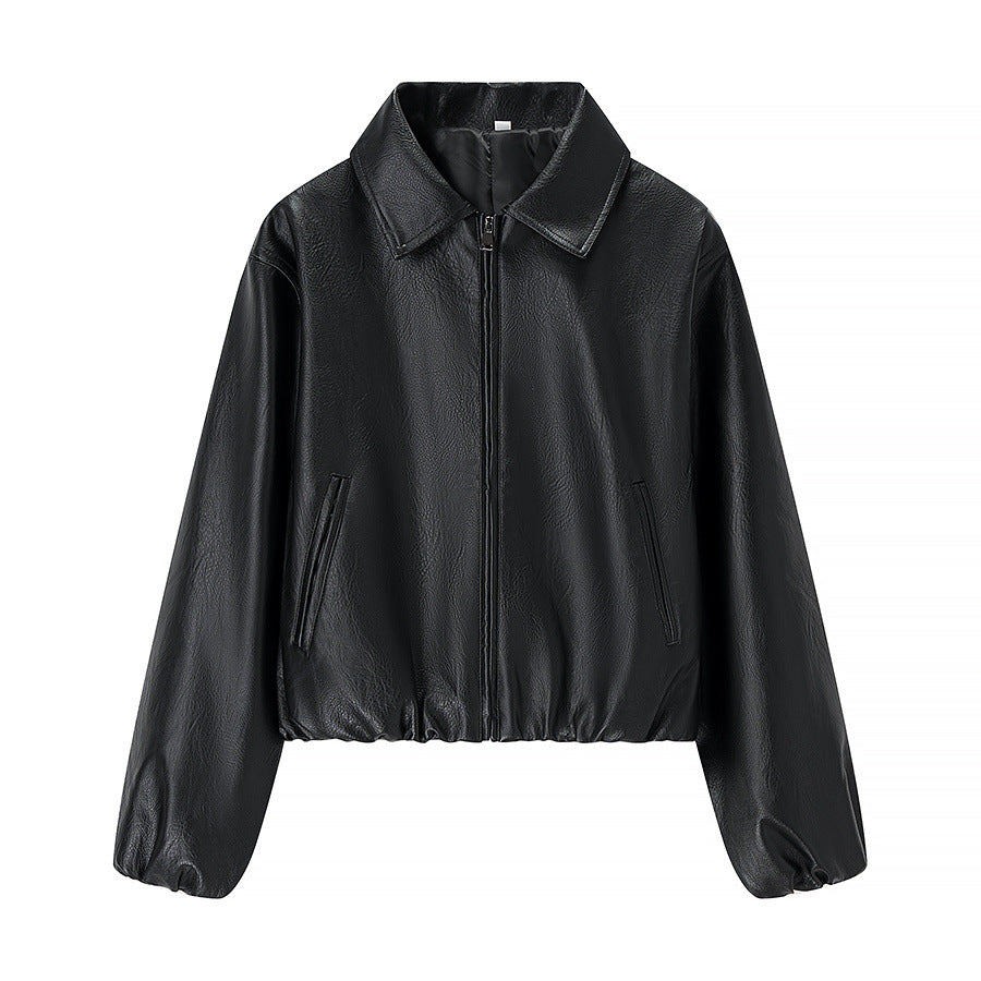 Women's Fashion Loose Lapel Long Sleeves Leather Coats