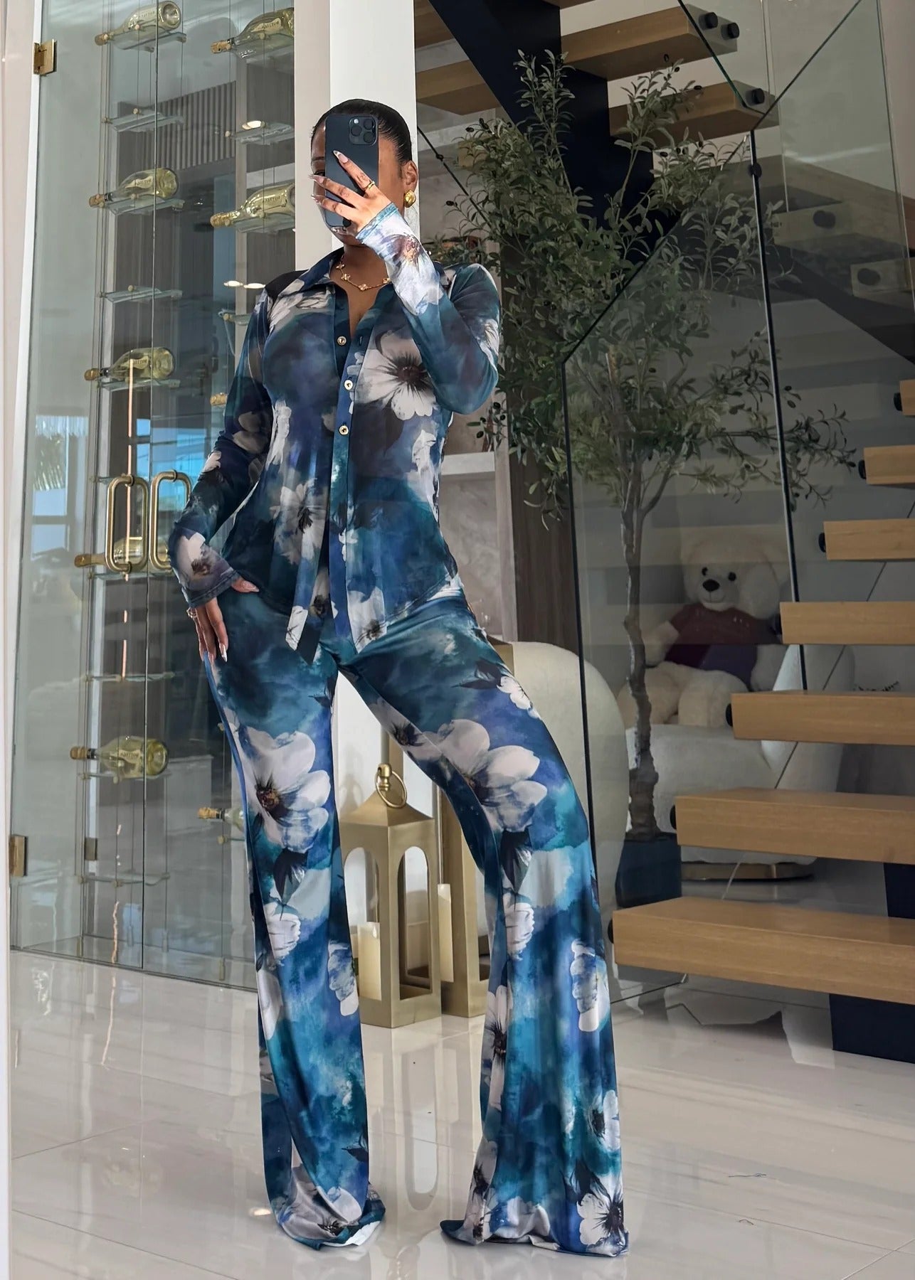 Women's Printed Mesh Lapel Long Sleeve Button Flared Cardigans