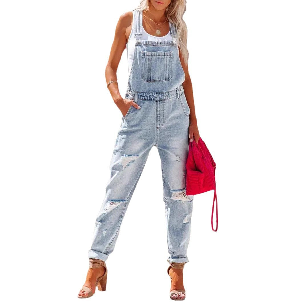 Women's Light Blue Broken Hole Denim Overalls Jeans