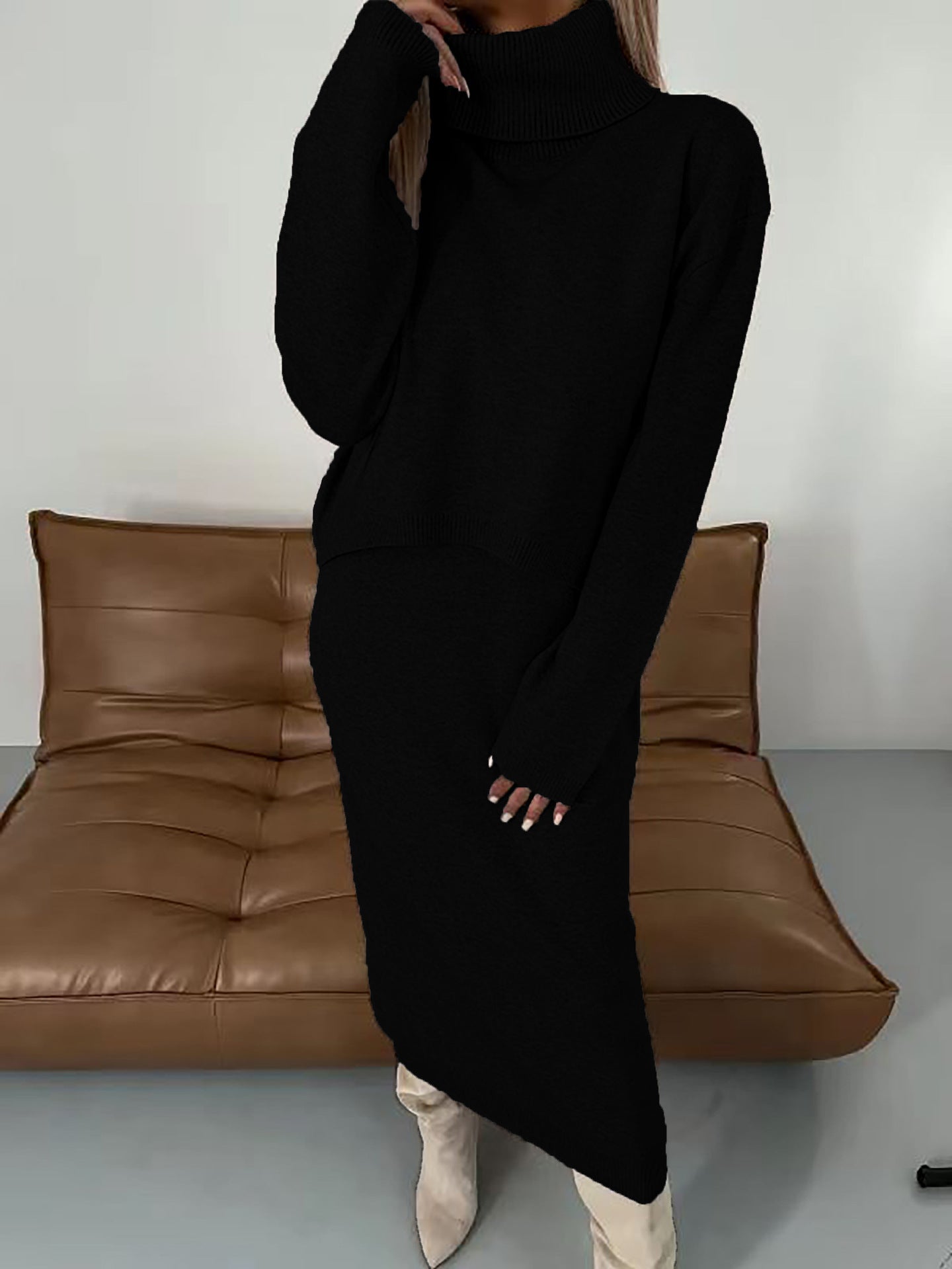 Dress Turtleneck Lengthened Two-piece Solid Color Dresses