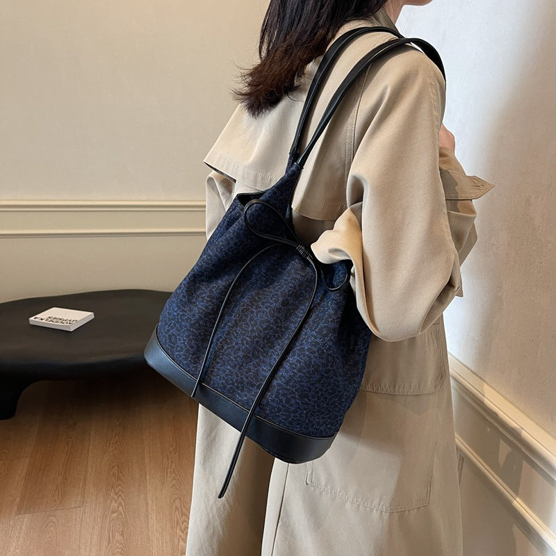 Textured Leopard Print Denim Korean Large Shoulder Bags