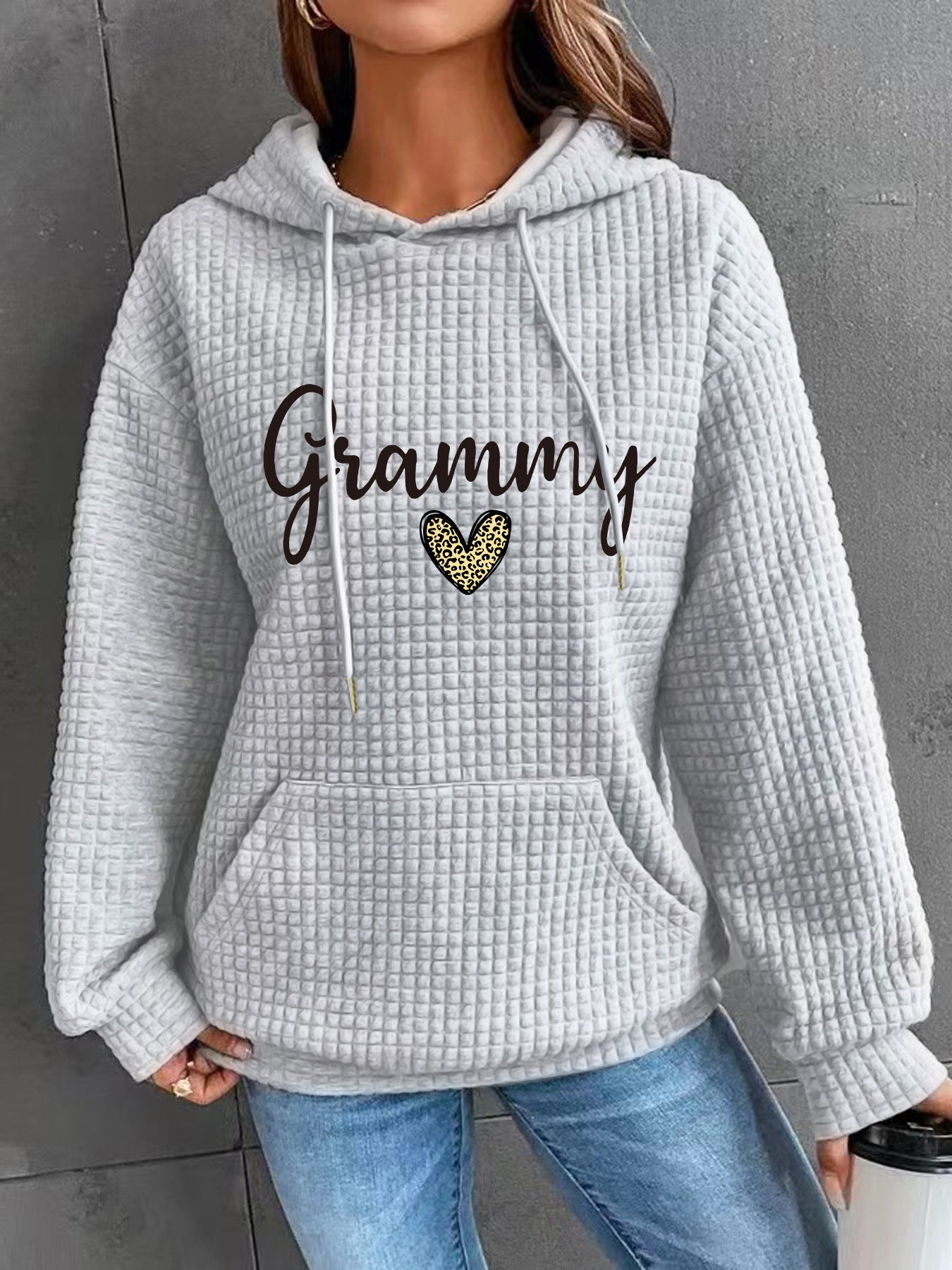 Women's Waffle Hoodie Long Sleeve Printed Fashion Women's Sweater, Sweater