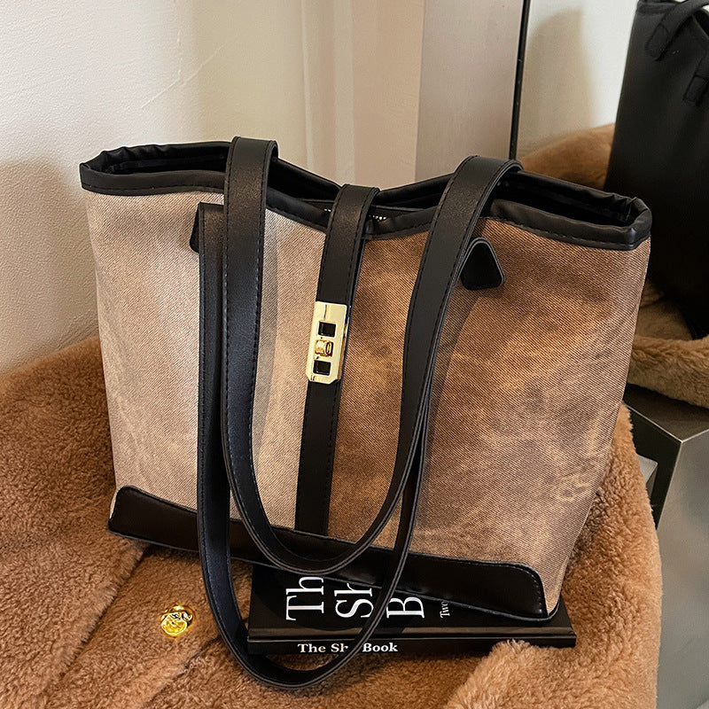 Women's Popular Contrast Color Retro High-grade Large Bags