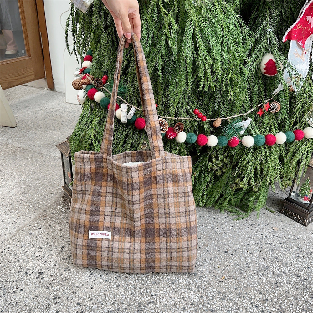 Women's Large Capacity Vintage Woolen Plaid Portable Shoulder Bags