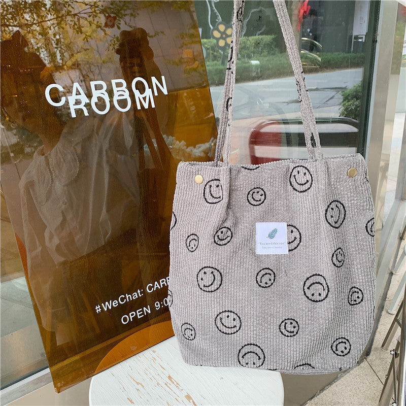 Retro Corduroy Smiley Face Female Class Canvas Tote Bags