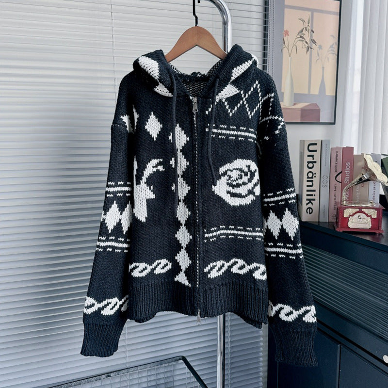 Women's Hooded Elk Jacquard Loose Lazy Style Knitwear