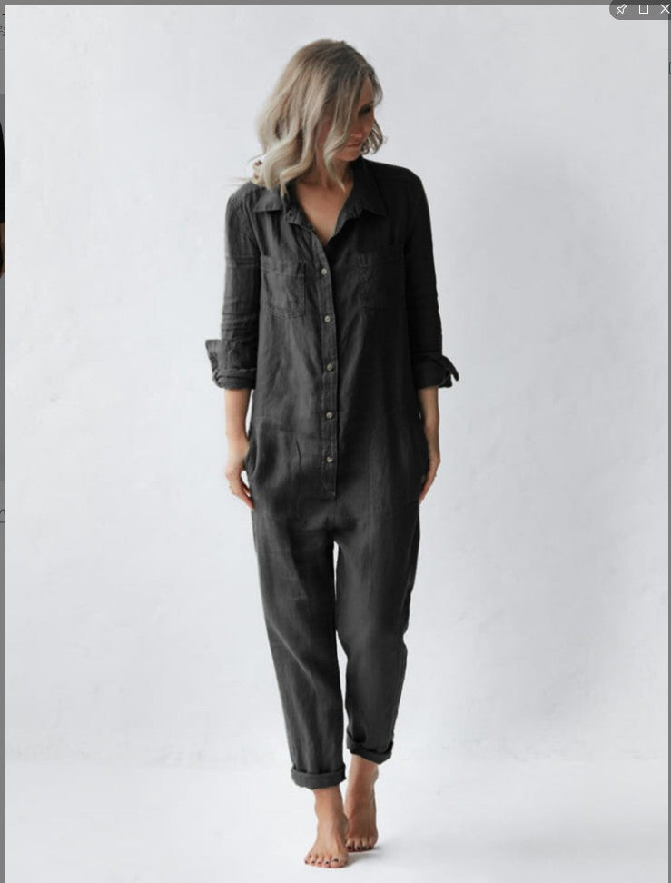 Polo Collar Pocket Long Sleeve Solid Jumpsuits