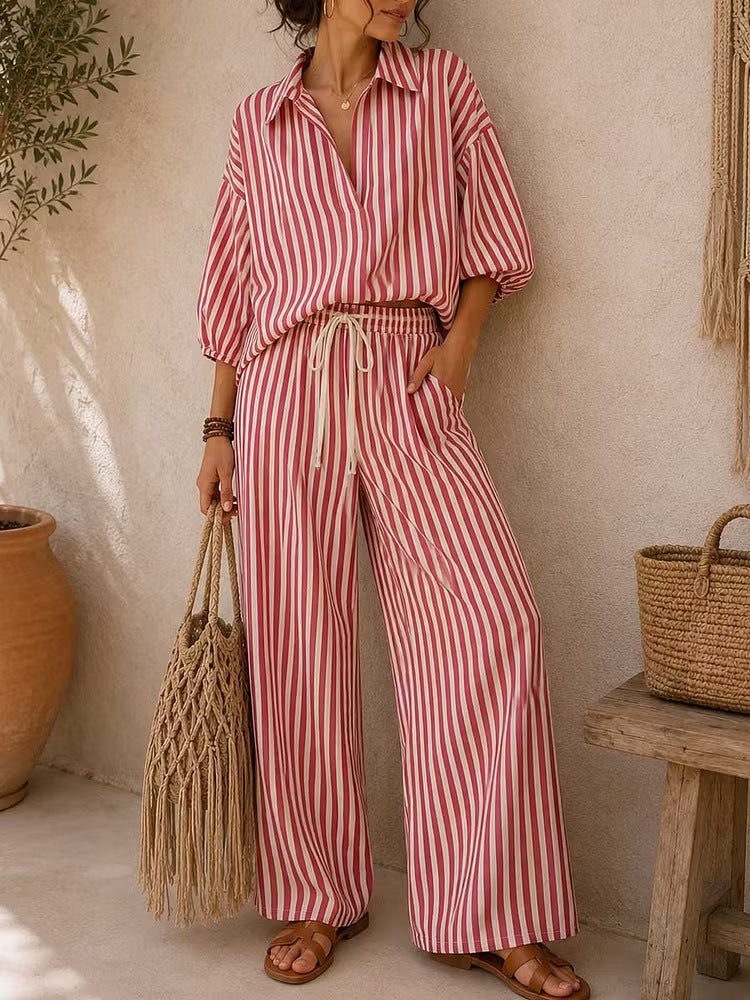 Women's Summer Striped Long-sleeved Loose Two-piece Fashion Casual Suit