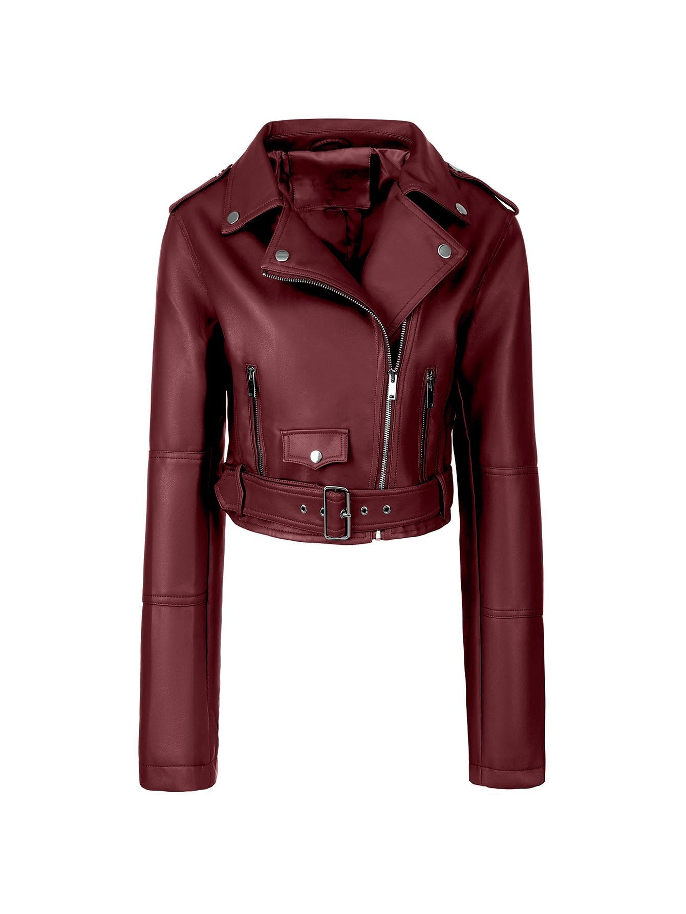 Women's Locomotive Style Leather Lapel Zipper Belt Jackets