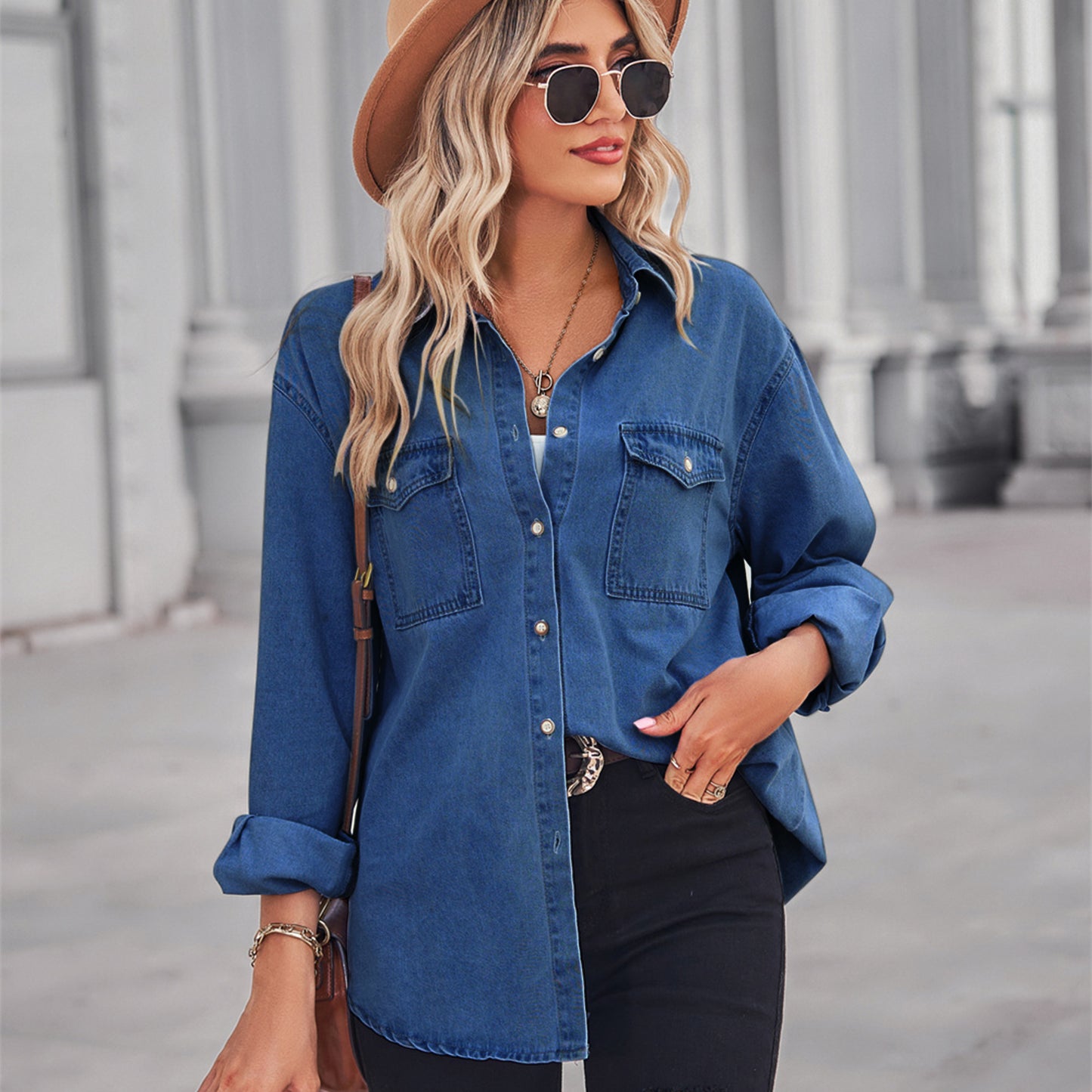 Women's Color Figure Flattering Thin Denim Long Blouses