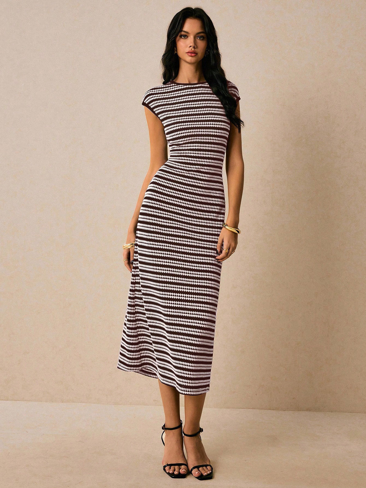 Women's Striped Knitted Midi With Shoulder Sleeves Slim Fit Dress