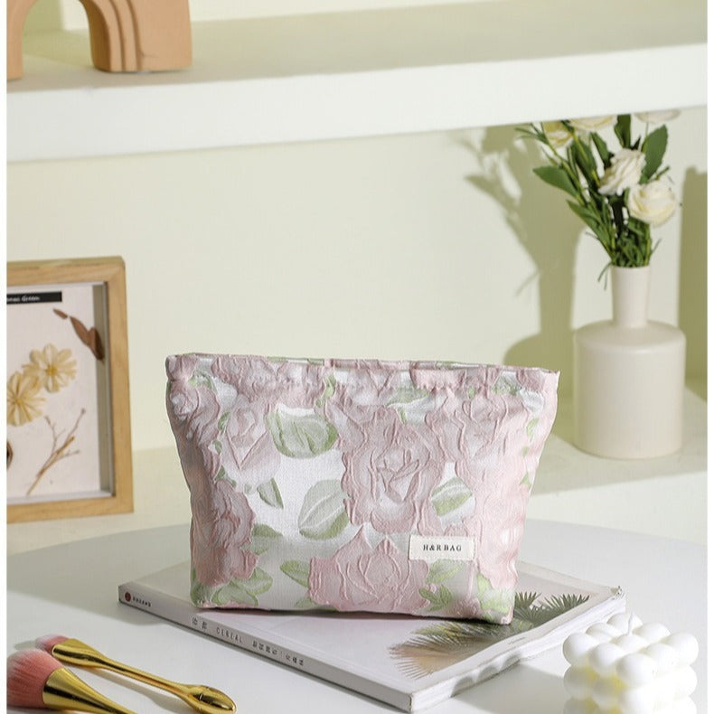 Linen Plant Embroidery Hand-held Portable Canvas Cosmetic Bags