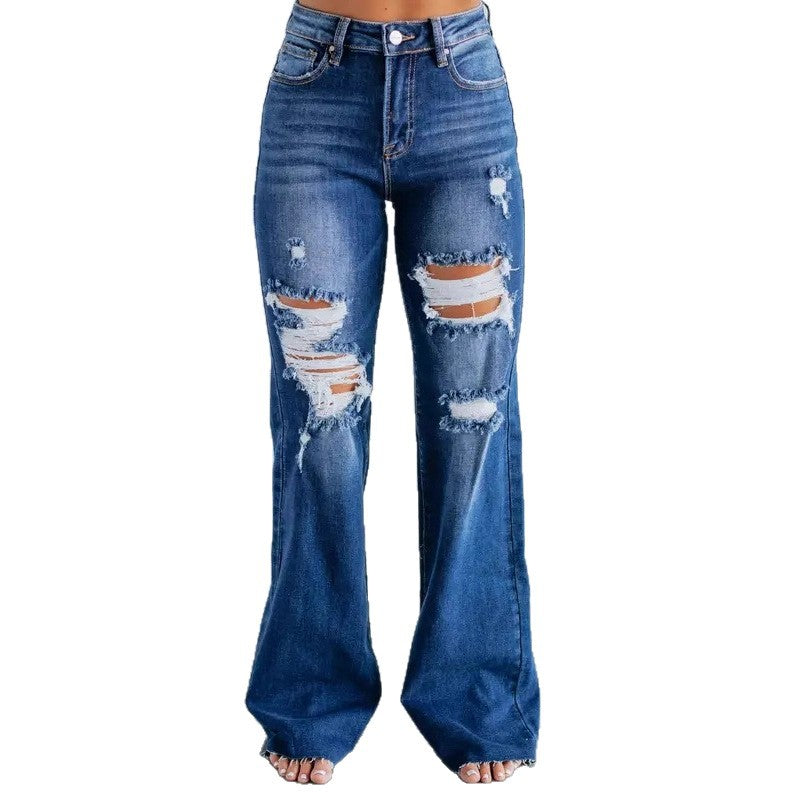 Women's Waist Casual Slimming Holes Wide Leg Women's Jeans