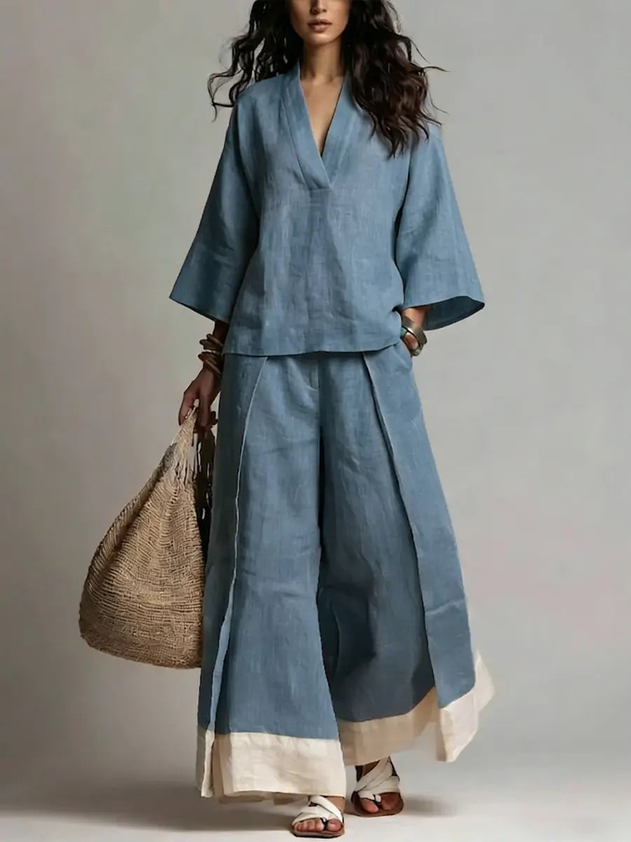 Women's Linen French Style Sleeve Shirt Wide Leg Fashion Casual Suit