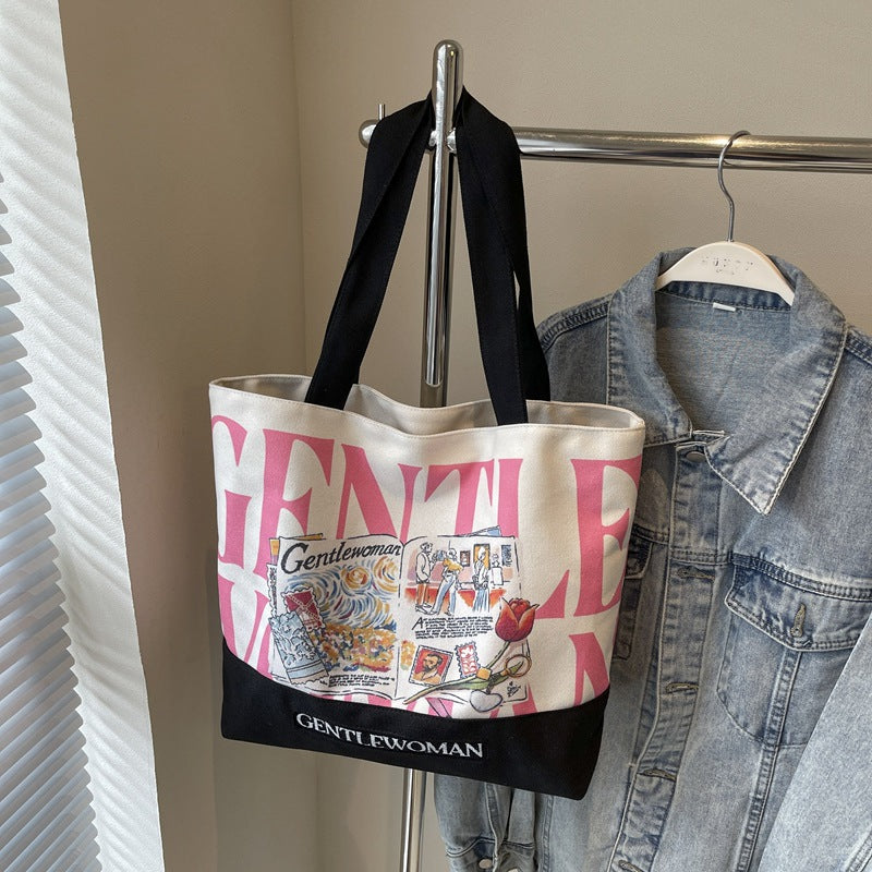 Women's Canvas Commuter Stitching Letter Large Capacity Shoulder Bags