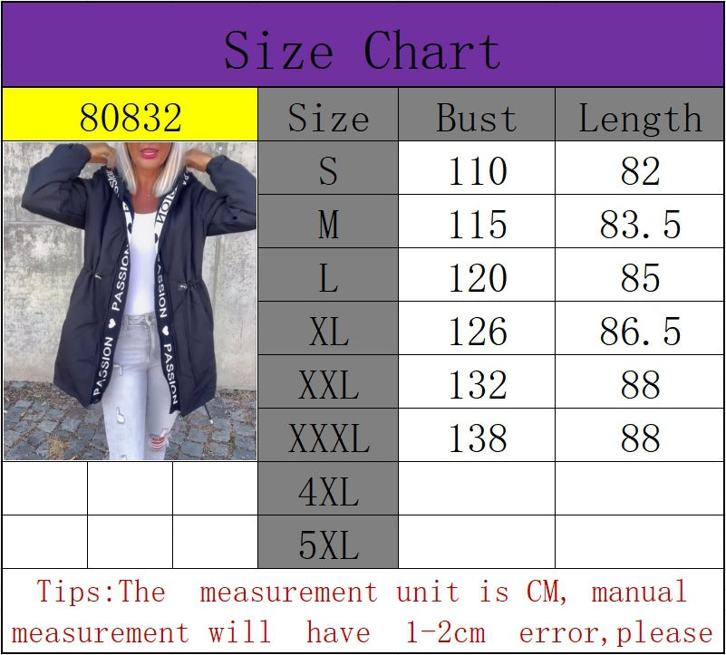 Women's Winter Letter Pocket Hooded Drawstring Zipper Coats