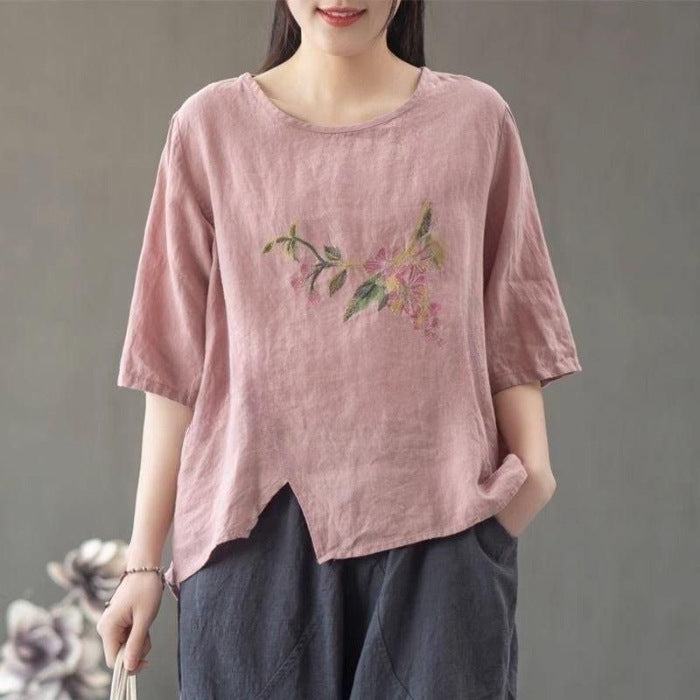 Women's Cotton Linen Summer Thin Embroidered Large Loose Artistic Retro Chinese Women's T-shirt