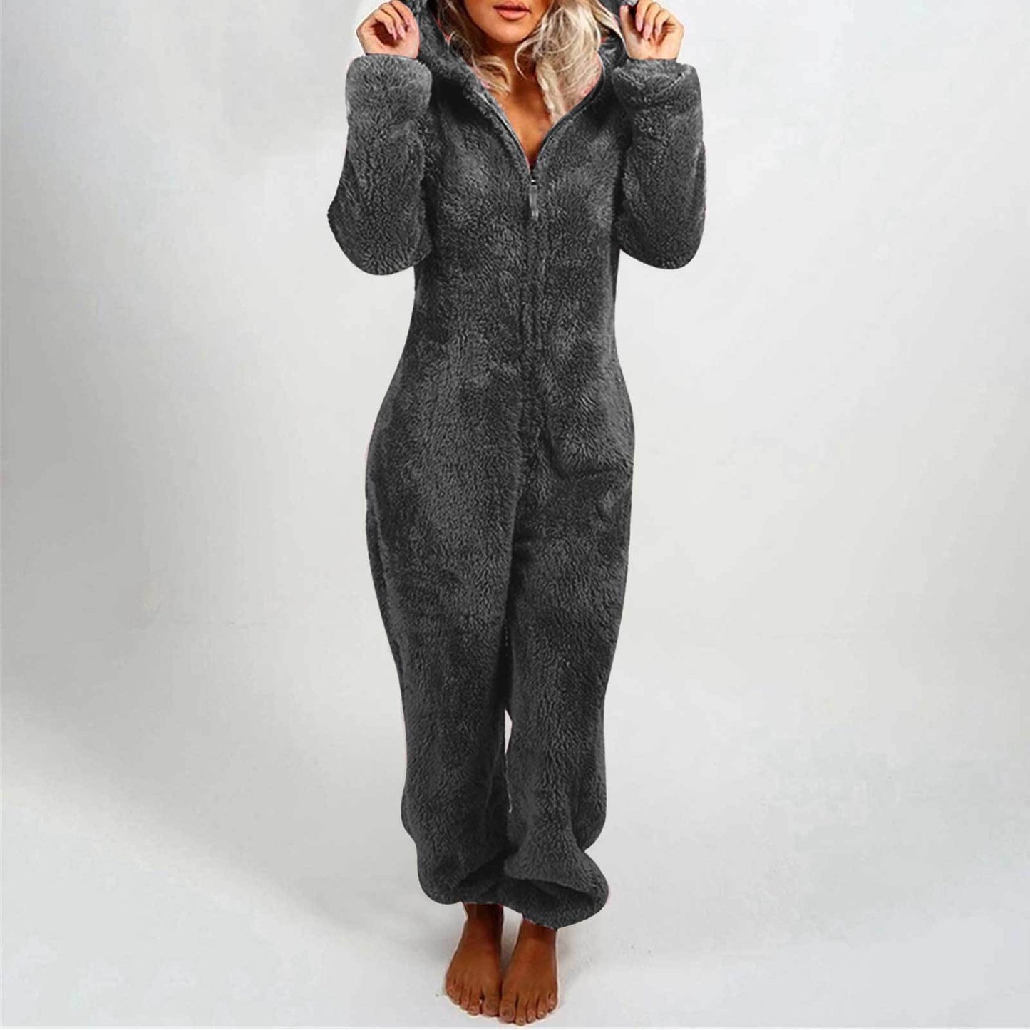 Fleece-lined Thickened Furry Hooded Pajamas Fashion Suits