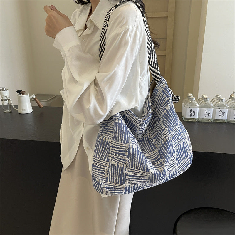 Korean Style Fashion Striped Knitted Fabric Contrast Color Minimalist Shoulder Bags