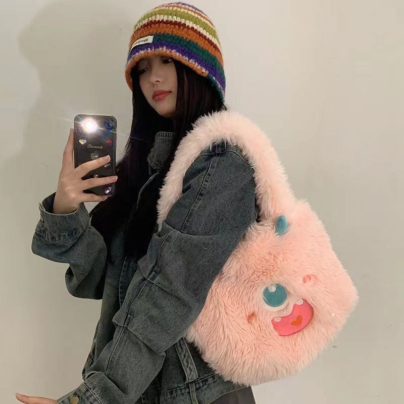 Cute Little Monster Cartoon Plush Large Capacity Female Shoulder Bags