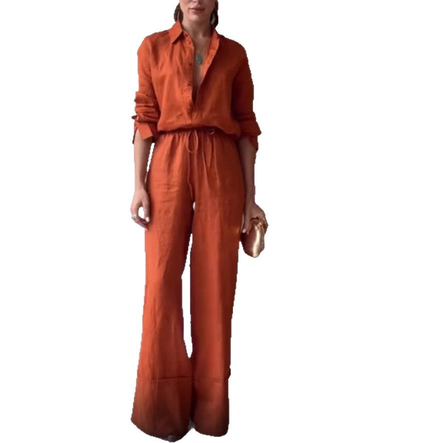 Women's Solid Color Shirt Pocket Trousers Casual Lace Suits