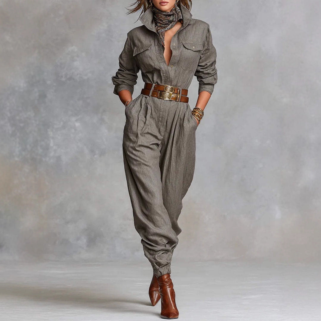 Women's Stylish Shirts Collar Pocket Trousers Jumpsuits