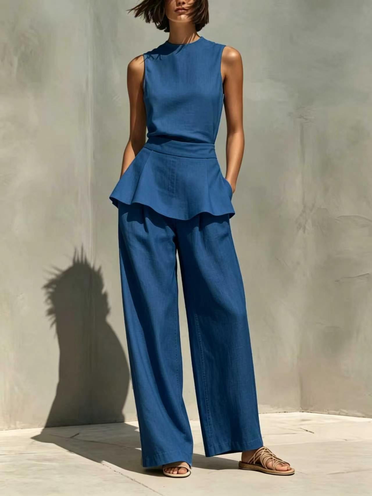 Women's Sleeveless Waistcoat Cotton Linen Two-piece Fashion Casual Suit