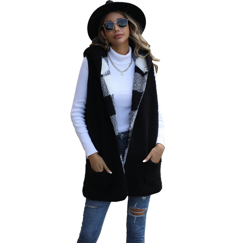 Women's Veet Casual Mid-length Hooded Sleeveless Plaid Coats