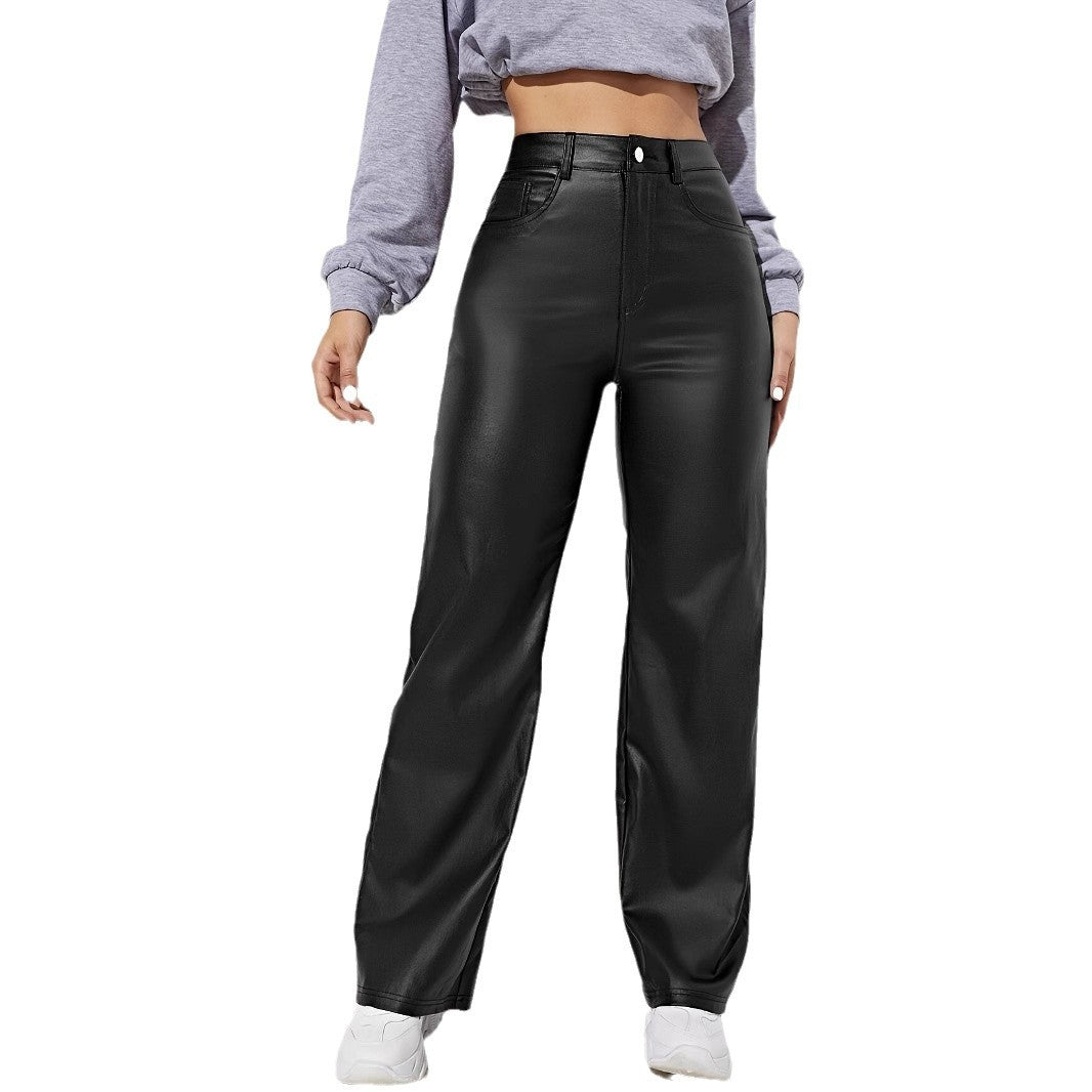Women's Leather High Waist Wide Leg Casual Pants