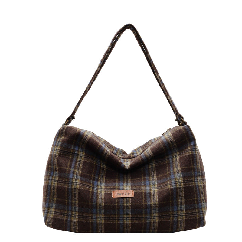 Women's Woolen Plaid Large Capacity Fashion College Shoulder Bags