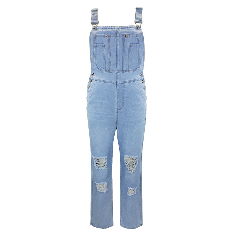 Women's Autumn Washed Cut Simple Straight Suspender Jeans