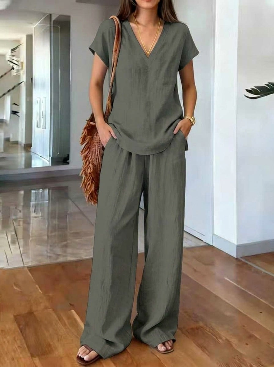 Women's Breathable Loose Slimming Solid Color Short-sleeved Trousers Pants