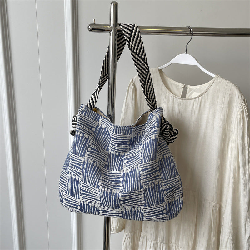 Korean Style Fashion Striped Knitted Fabric Contrast Color Minimalist Shoulder Bags