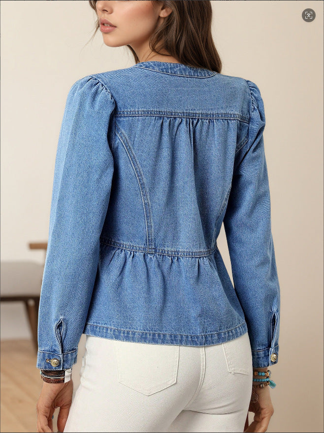 Women's Color Denim Shirt Casual Pullover Round Neck Jackets