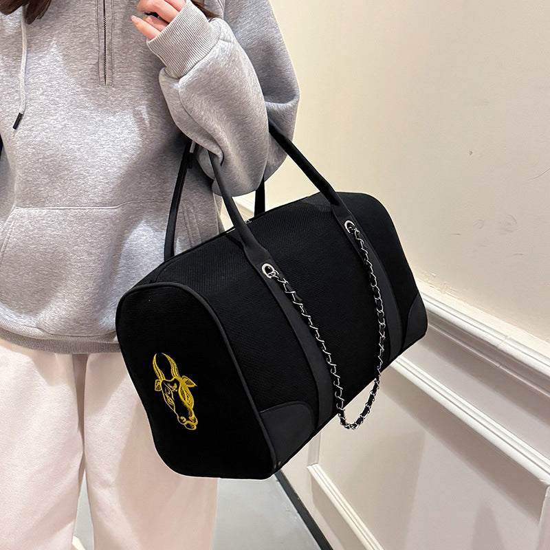 Women's Capacity Contrast Color Canvas Portable Embroidery Commuter Shoulder Bags