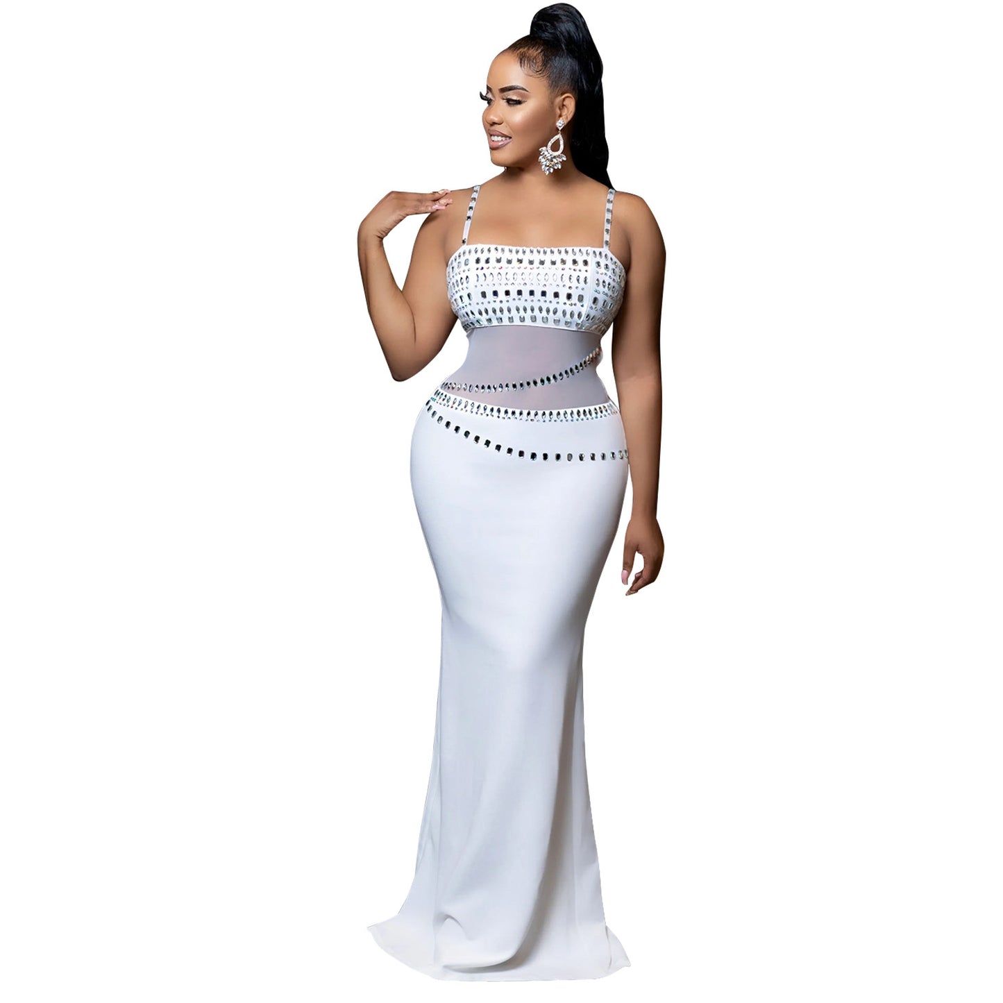 Women's Fashion Wear Rhinestone Mesh Dress Long Dresses