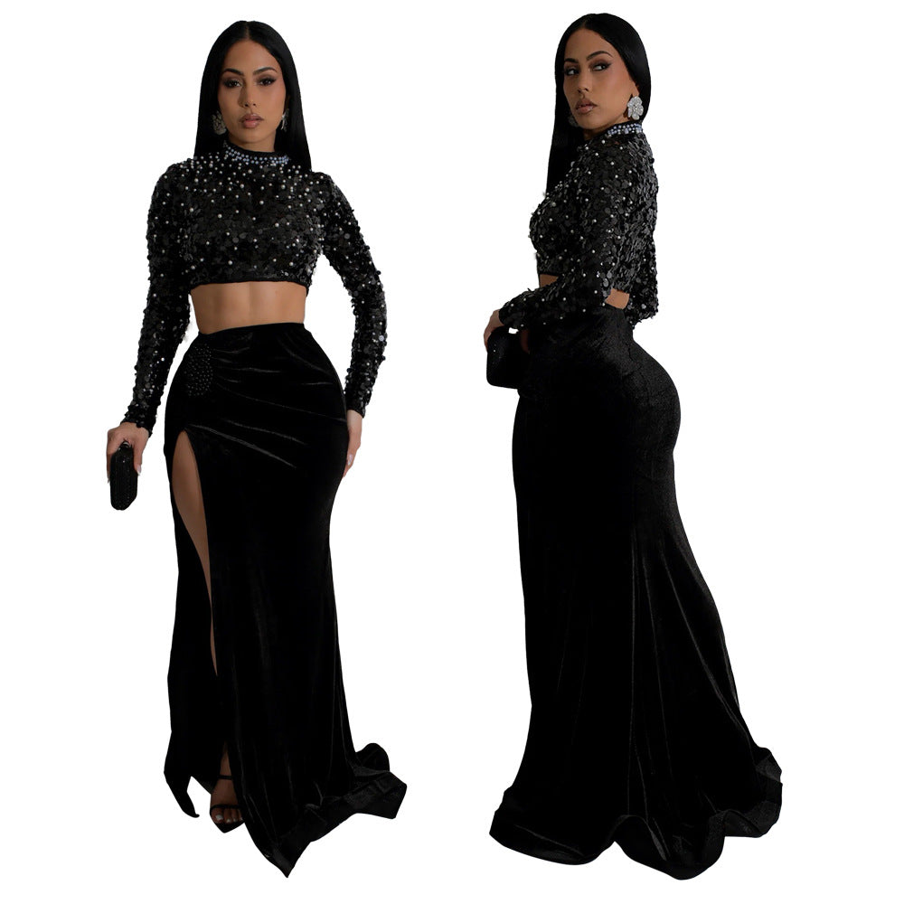 Women's Neck Sequins Long Sleeve Sexy High Suits