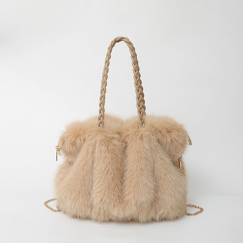 Women's Fashion Pleated Imitation Fox Fur Large Shoulder Bags