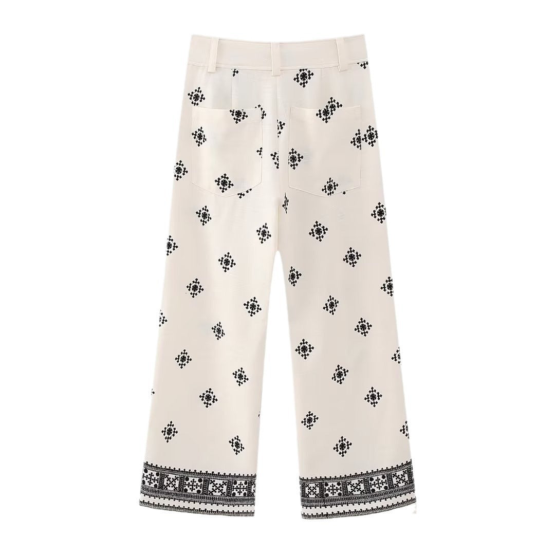 Women's Fashion Wear Geometric Embroidery Straight Trousers Pants