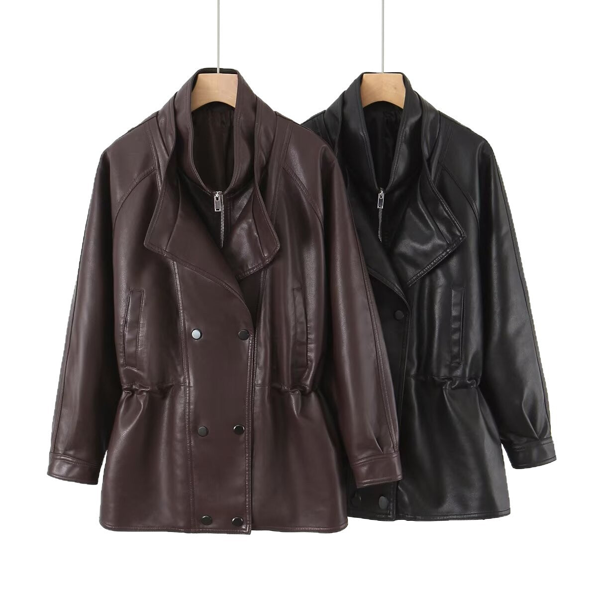 Women's Autumn Fashion Double-breasted Drawstring Waist Design Double Jackets