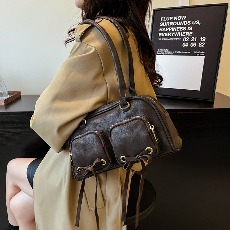 Women's Korean Style Trendy Double Pocket Bowknot Bowling Underarm Shoulder Bags