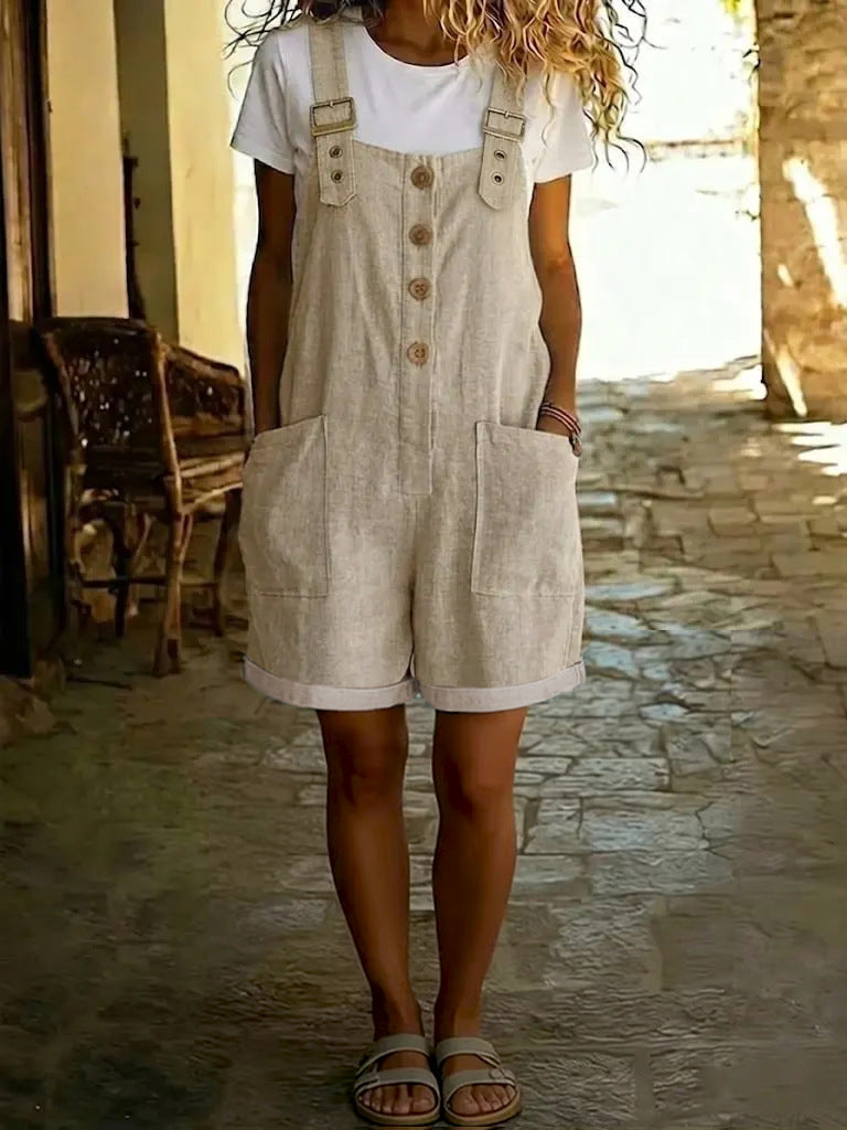 Women's Summer Linen Solid Color Retro Pocket Straight Women's Jumpsuit/clothing