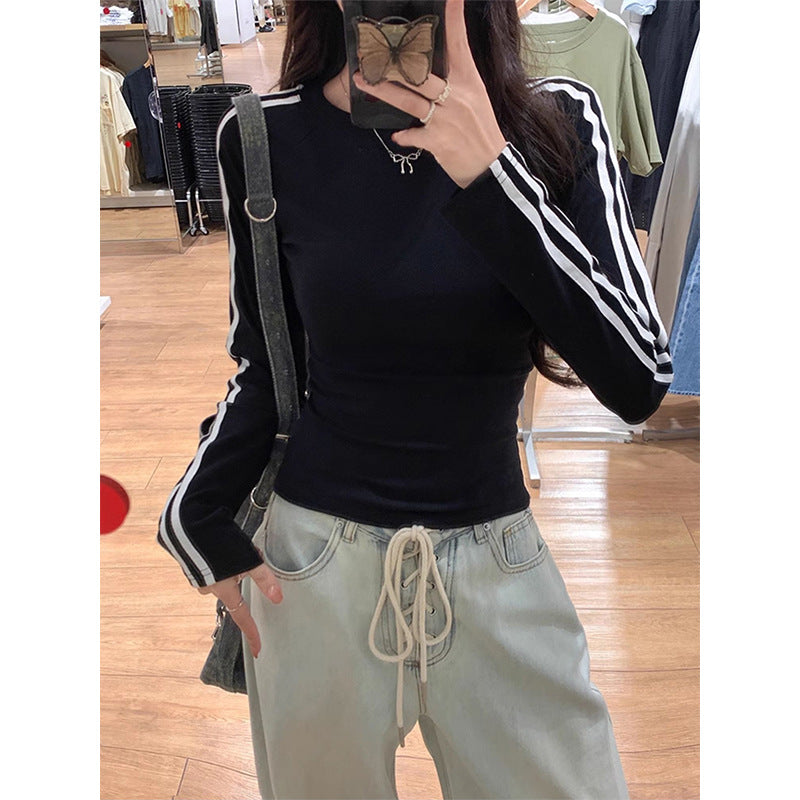 Women's Hot White Striped Long-sleeved Early Raglan Inner Women's T-shirt
