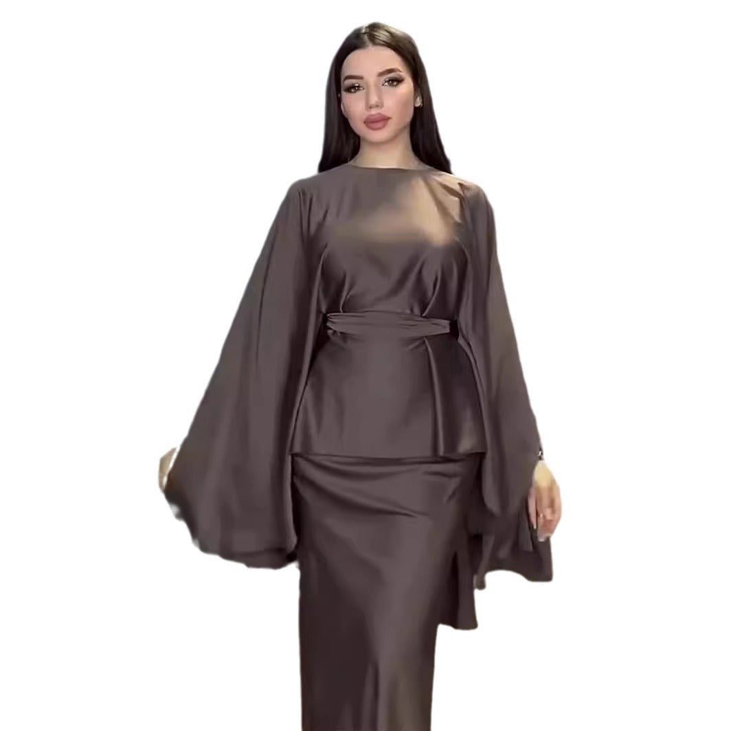 Spring Long-sleeved Dress Batwing Sleeve Waist Draping Dresses