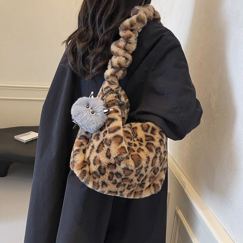 Women's Leopard Print Fur Trendy Underarm Commuting Crossbody Bags
