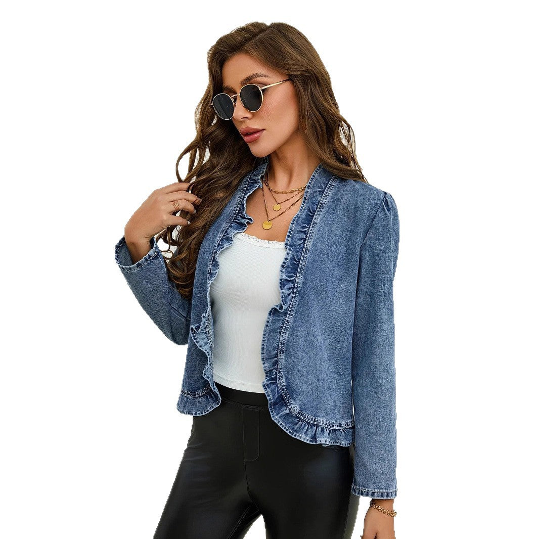Women's Fashion Ruffled Denim Slim Fit Jackets