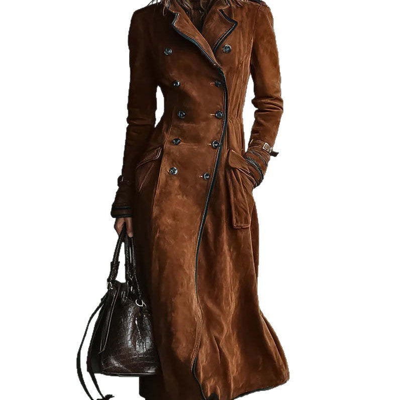 Women's Lapel Western Style Suede Long Trench Coats