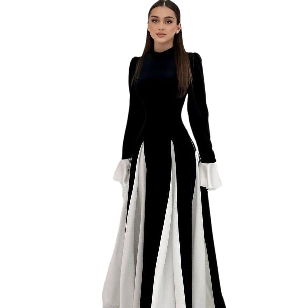 Women's Autumn Bell Sleeve Color Contrast Patchwork Elegant Dresses