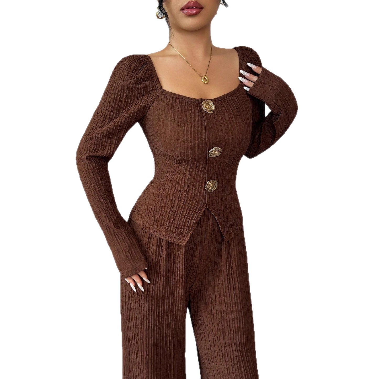 Women's Knitted Solid Color Square-cut Collar Metal Suits