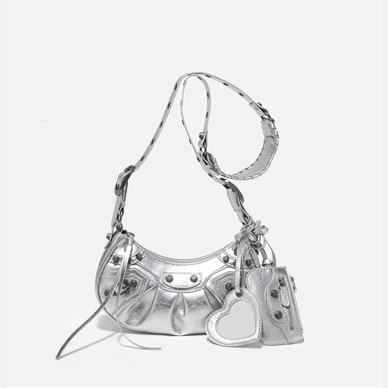 Women's Motorcycle Underarm Leather Folds Selenodont Rivet Shoulder Bags